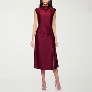 Burgundy Satin Midi Wedding Guest Dress